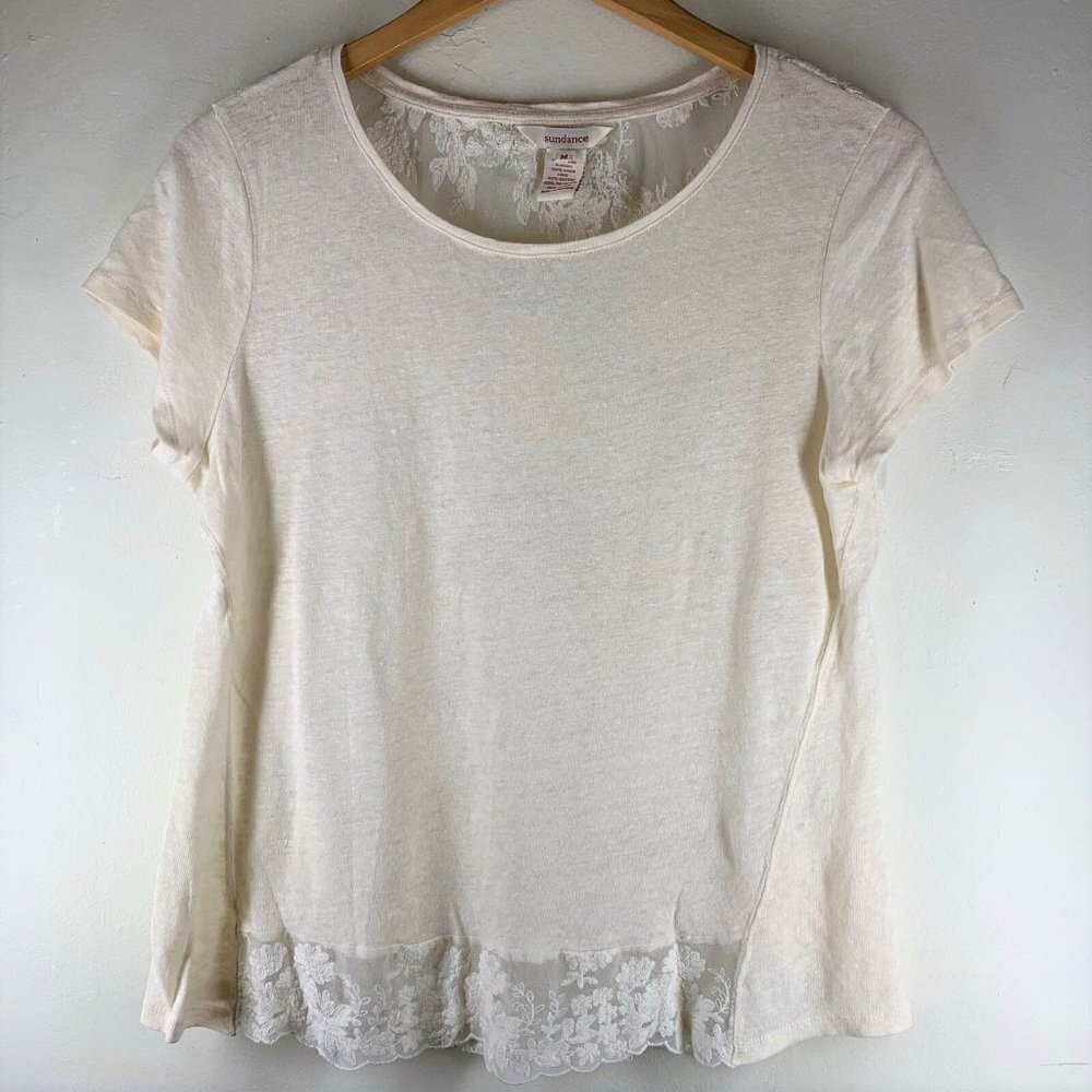 SUNDANCE Ivory Linen Knit Lace Back Short Sleeve Top Size Medium